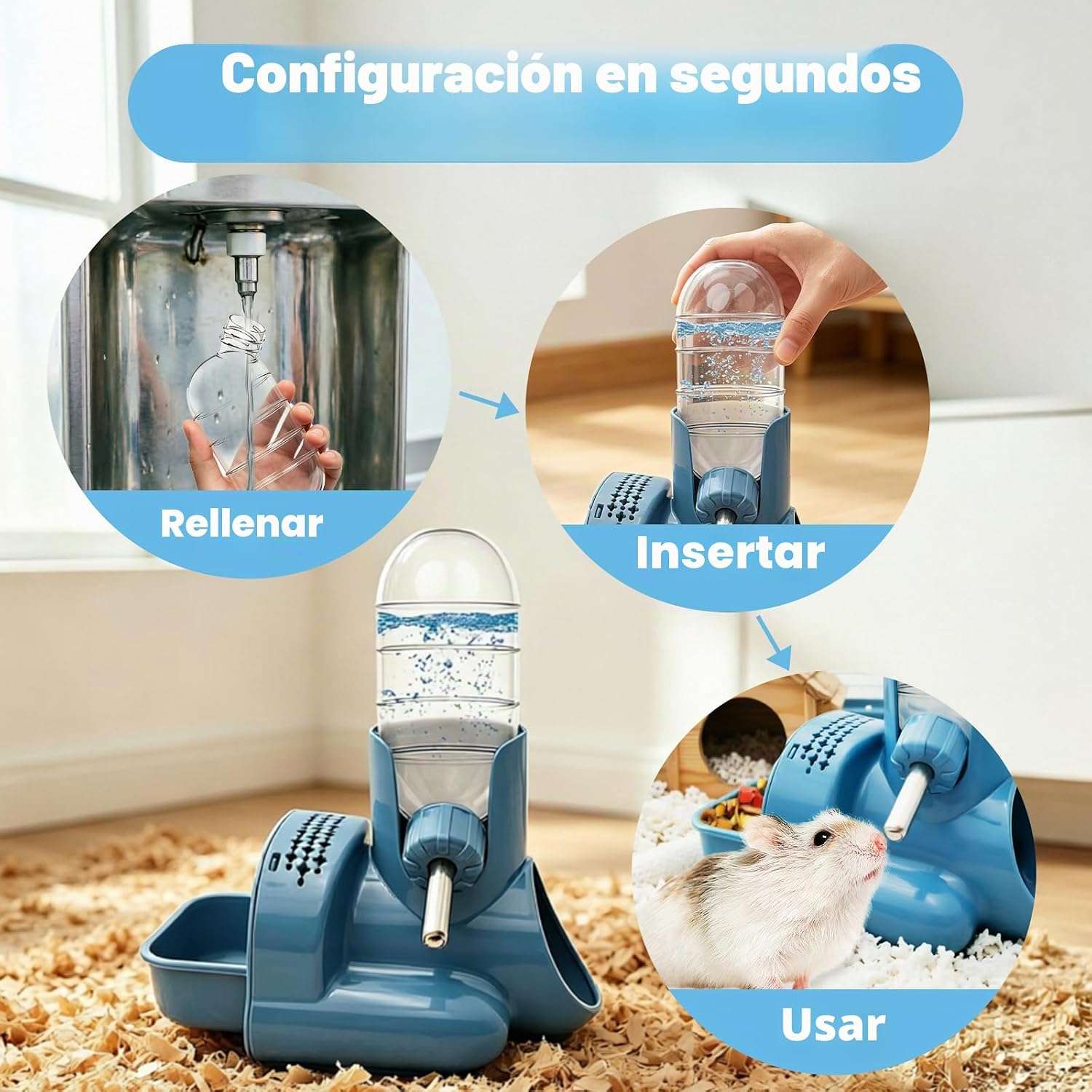Set 3 en 1 Hámster: Bebedero Automático Antigoteo (118 ml), Comedero y Base Refugio o Escondite. Material de Grado Alimenticio.