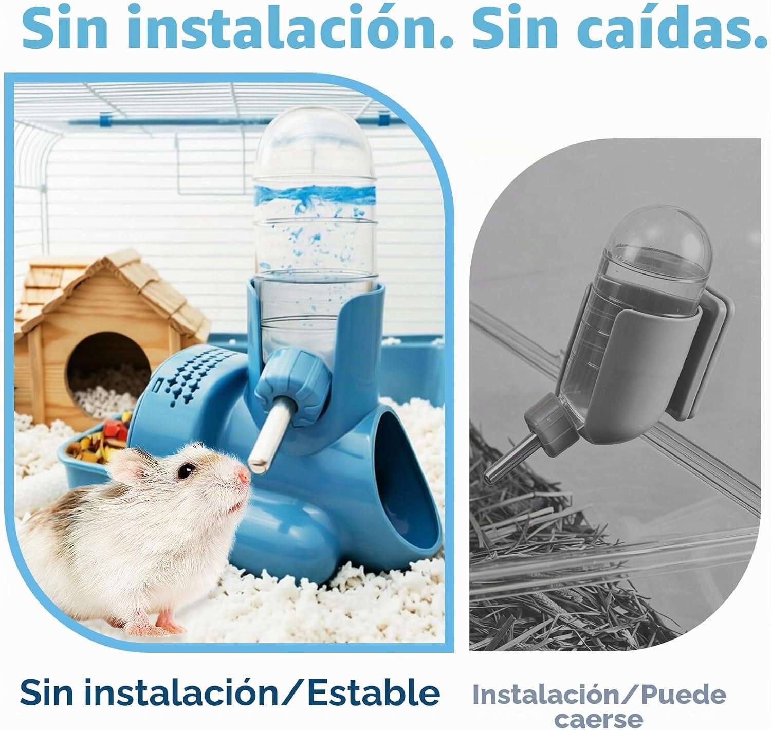 Set 3 en 1 Hámster: Bebedero Automático Antigoteo (118 ml), Comedero y Base Refugio o Escondite. Material de Grado Alimenticio.