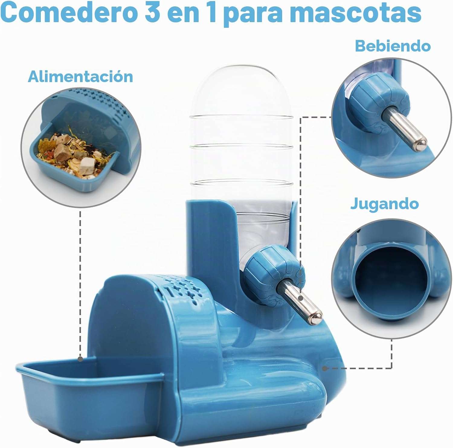 Set 3 en 1 Hámster: Bebedero Automático Antigoteo (118 ml), Comedero y Base Refugio o Escondite. Material de Grado Alimenticio.