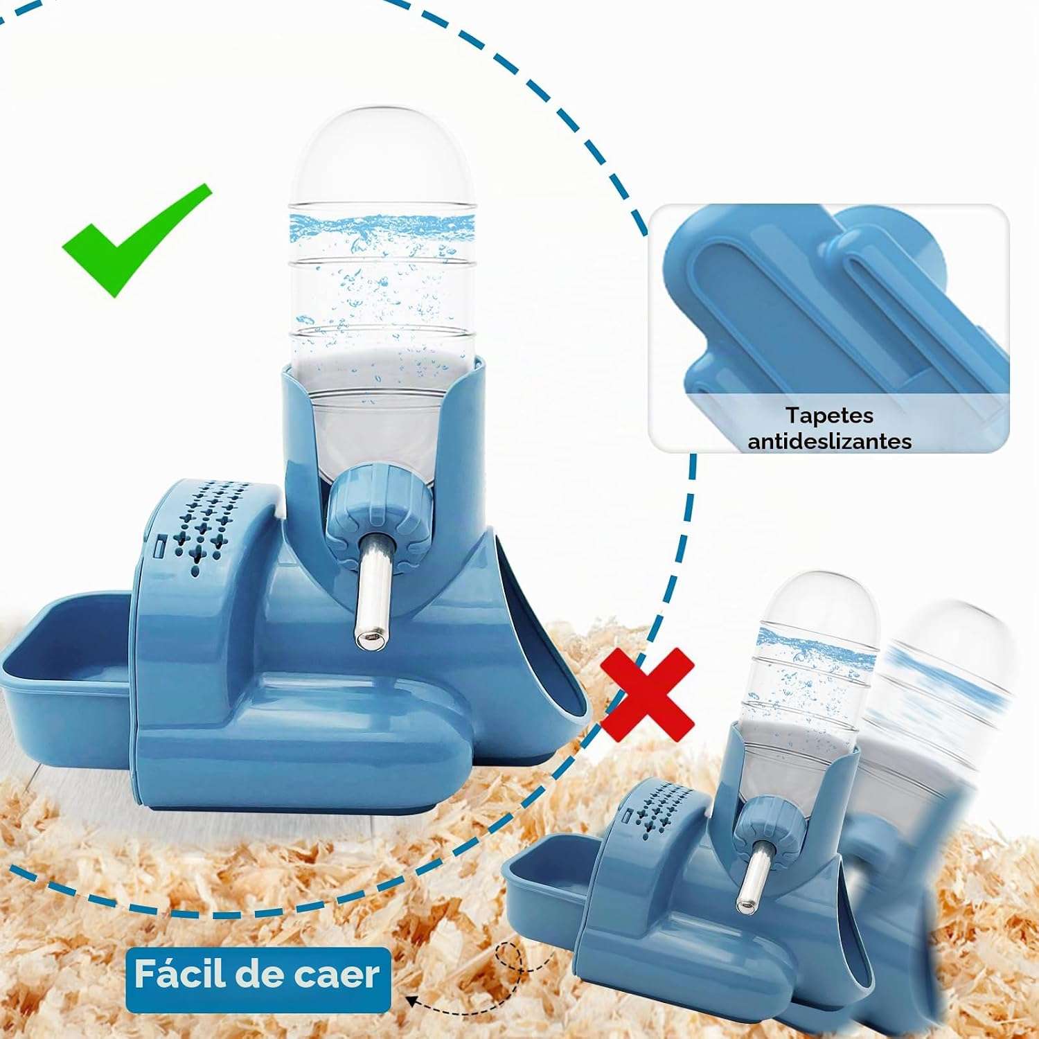 Set 3 en 1 Hámster: Bebedero Automático Antigoteo (118 ml), Comedero y Base Refugio o Escondite. Material de Grado Alimenticio.