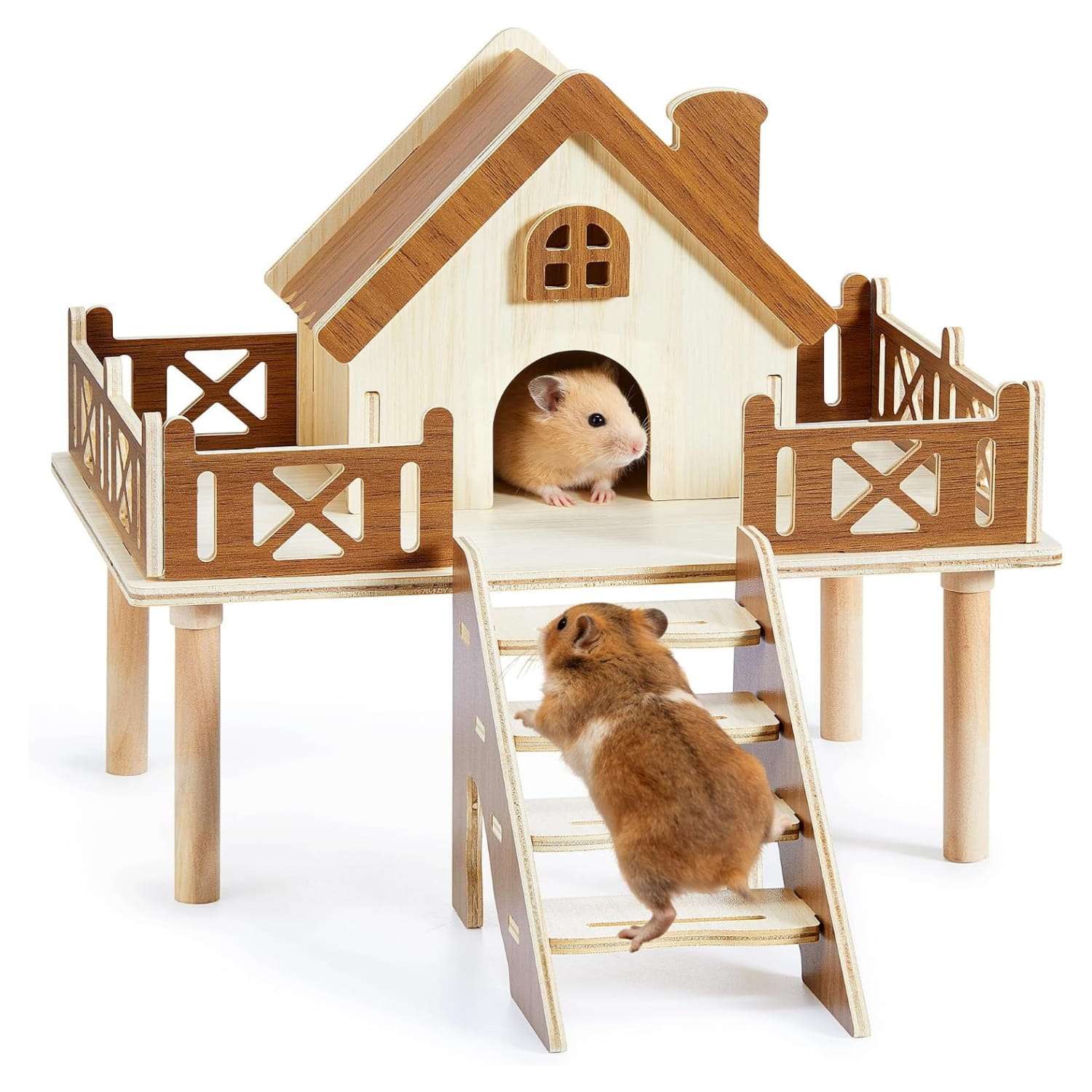Set Plataforma y Casa 2-en-1 de Madera Natural para Hámster Enano y Jerbo. Repisa 30x20x11 cm para bebedero/comedero y escondite seguro.