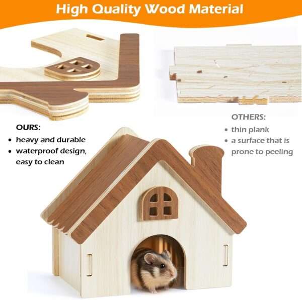 Set Plataforma y Casa 2-en-1 de Madera Natural para Hámster Enano y Jerbo. Repisa 30x20x11 cm para bebedero/comedero y escondite seguro.
