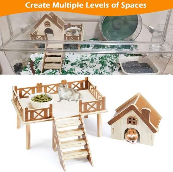 Set Plataforma y Casa 2-en-1 de Madera Natural para Hámster Enano y Jerbo. Repisa 30x20x11 cm para bebedero/comedero y escondite seguro.