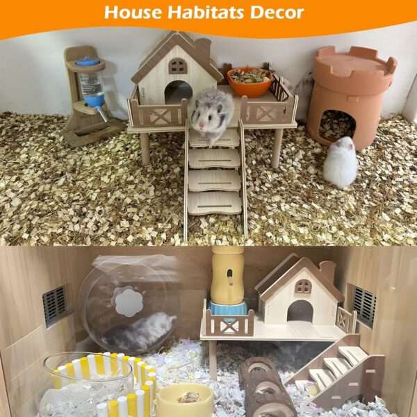 Set Plataforma y Casa 2-en-1 de Madera Natural para Hámster Enano y Jerbo. Repisa 30x20x11 cm para bebedero/comedero y escondite seguro.