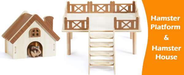 Set Plataforma y Casa 2-en-1 de Madera Natural para Hámster Enano y Jerbo. Repisa 30x20x11 cm para bebedero/comedero y escondite seguro.