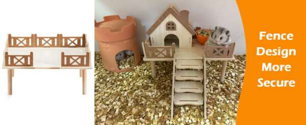 Set Plataforma y Casa 2-en-1 de Madera Natural para Hámster Enano y Jerbo. Repisa 30x20x11 cm para bebedero/comedero y escondite seguro.