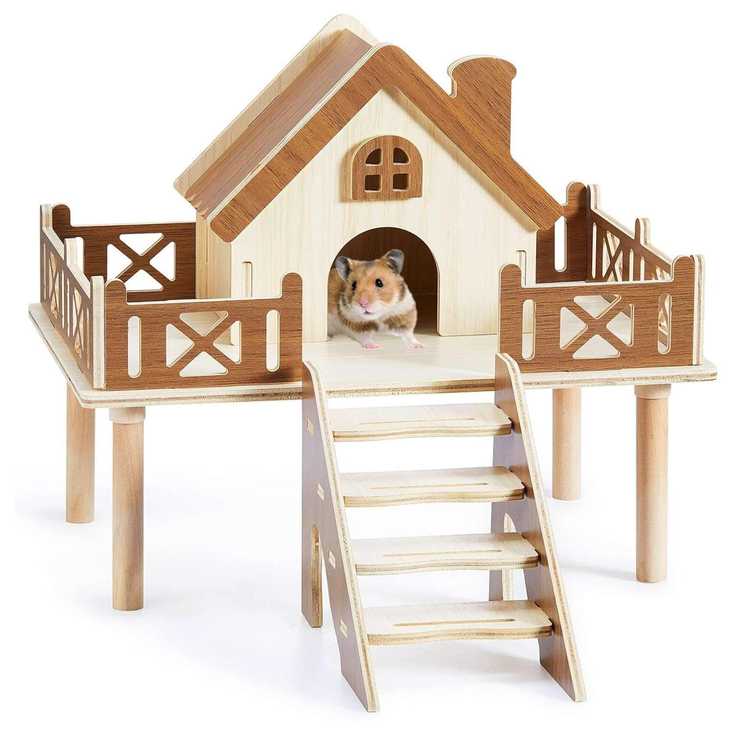 Set Plataforma y Casa 2-en-1 de Madera Natural para Hámster Enano y Jerbo. Repisa 30x20x11 cm para bebedero/comedero y escondite seguro.