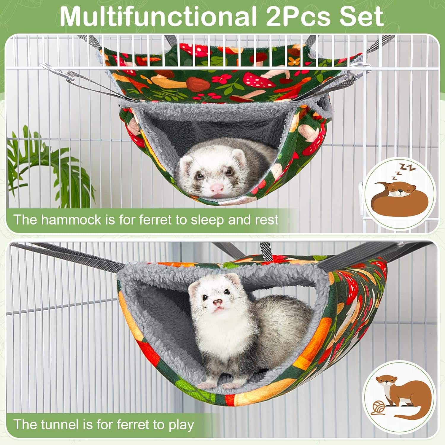 Set XL 2-en-1 de Hamaca Doble (13.4") y Túnel Colgante (17.7") para Hurón, Cobaya y Múltiples Roedores. Material suave y lavable.