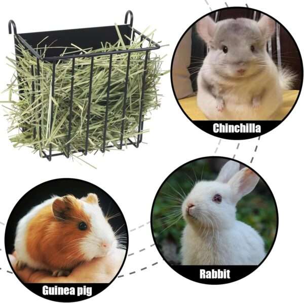 Henera metálica colgante resistente para jaula de conejos, cobayas o chinchillas, diseño anti-desperdicio con gancho fácil de instalar.