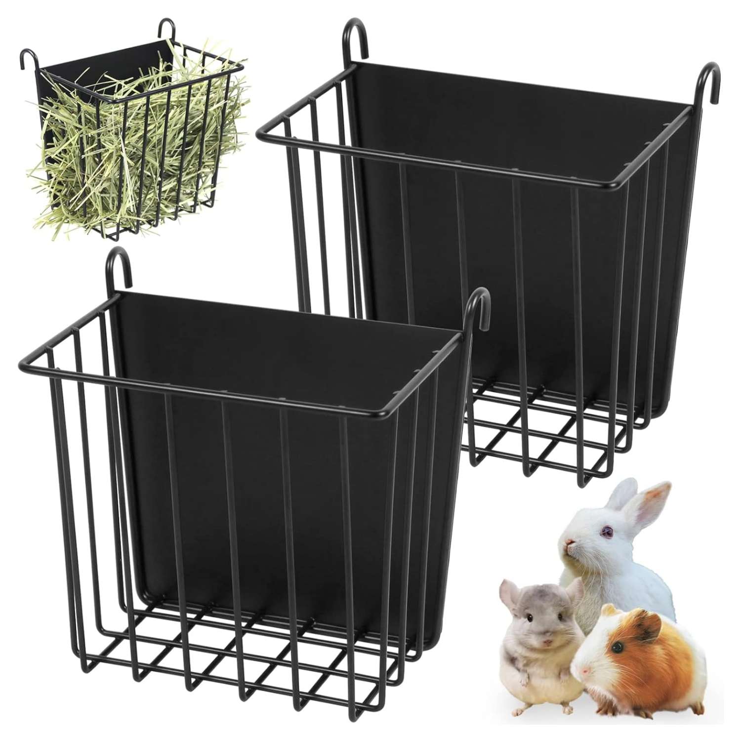 Henera metálica colgante resistente para jaula de conejos, cobayas o chinchillas, diseño anti-desperdicio con gancho fácil de instalar.