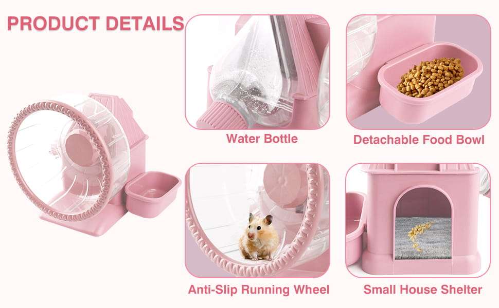 Kit de Hábitat 4 en 1 Ultra Silencioso para Hámster Enano. Incluye Rueda (16 cm), Bebedero, Comedero y Refugio en una base estable (16.5 x 10.9 x 17.8 cm).