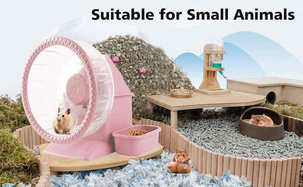Kit de Hábitat 4 en 1 Ultra Silencioso para Hámster Enano. Incluye Rueda (16 cm), Bebedero, Comedero y Refugio en una base estable (16.5 x 10.9 x 17.8 cm).