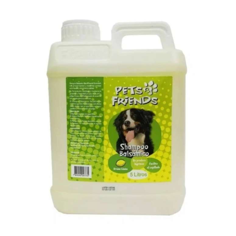 Shampoo Balsámico Pets & Friends 5 Litros. Limpiador para perros con pH balanceado, doble acción humectante y aroma a limón.