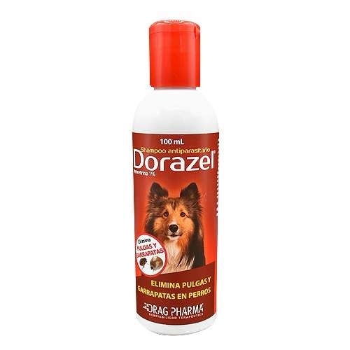 Shampoo Dorazel Plus Drag Pharma. Antiparasitario externo para perros. Elimina pulgas, garrapatas y piojos. Deja el pelaje limpio y brillante.