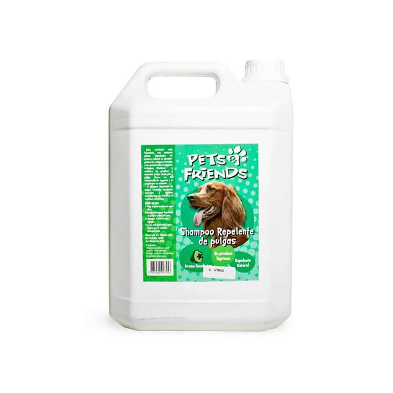 Shampoo Pets Friends 5 Litros Repelente de Pulgas. Formula con eucalipto natural, pH balanceado. Hidrata y facilita el cepillado.