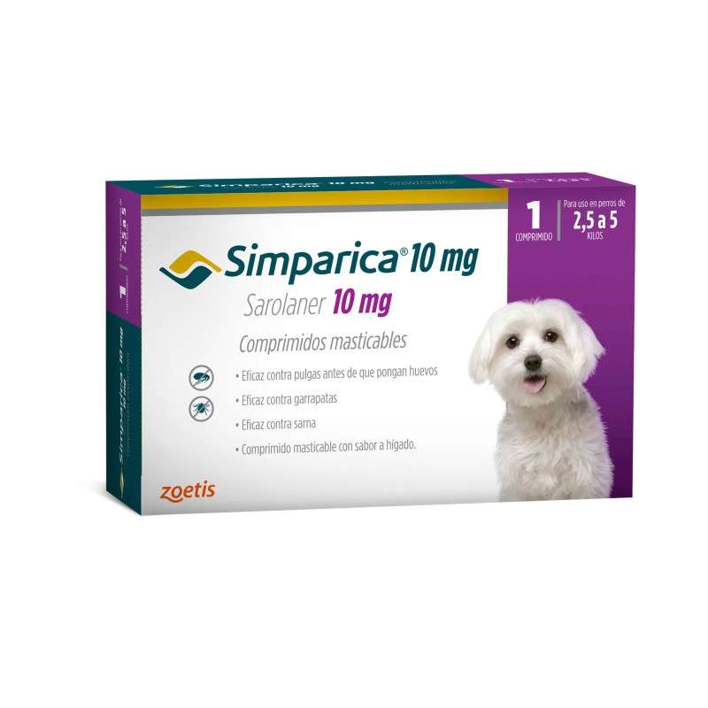 Simparica 10 mg. Antiparasitario perros 2.5-5 kg. Comprimido contra pulgas, garrapatas y sarna.