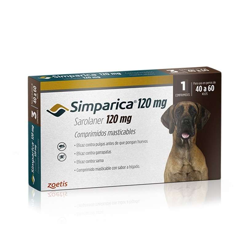 Simparica 120 mg. Antiparasitario perros gigantes 40-60 kg. Masticable contra pulgas, garrapatas y sarna.