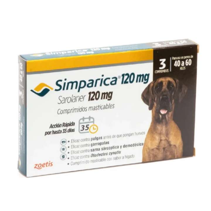 Simparica 120 mg 3 Comprimidos. Antiparasitario perros 40-60 kg. Sarolaner para pulgas, garrapatas y sarna.