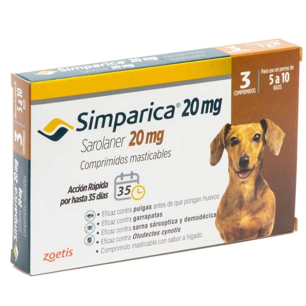Simparica 20 mg 3 Comprimidos. Antiparasitario perros 5-10 kg. Masticable contra pulgas, garrapatas y sarna.