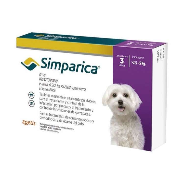 Simparica 10 mg 3 Comprimidos. Antiparasitario perros 2.5-5 kg. Sarolaner contra pulgas y sarna.
