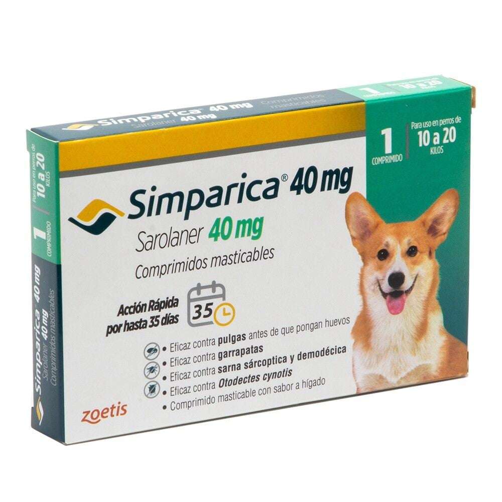Simparica 40 mg (1 Comprimido) Zoetis. Antiparasitario perros 10-20 kg contra pulgas y sarna.