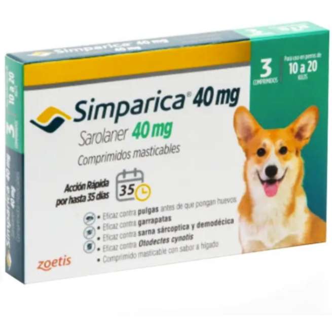 Simparica 40 mg 3 Comprimidos. Antiparasitario perros 10-20 kg. Tratamiento pulgas, garrapatas y sarna.