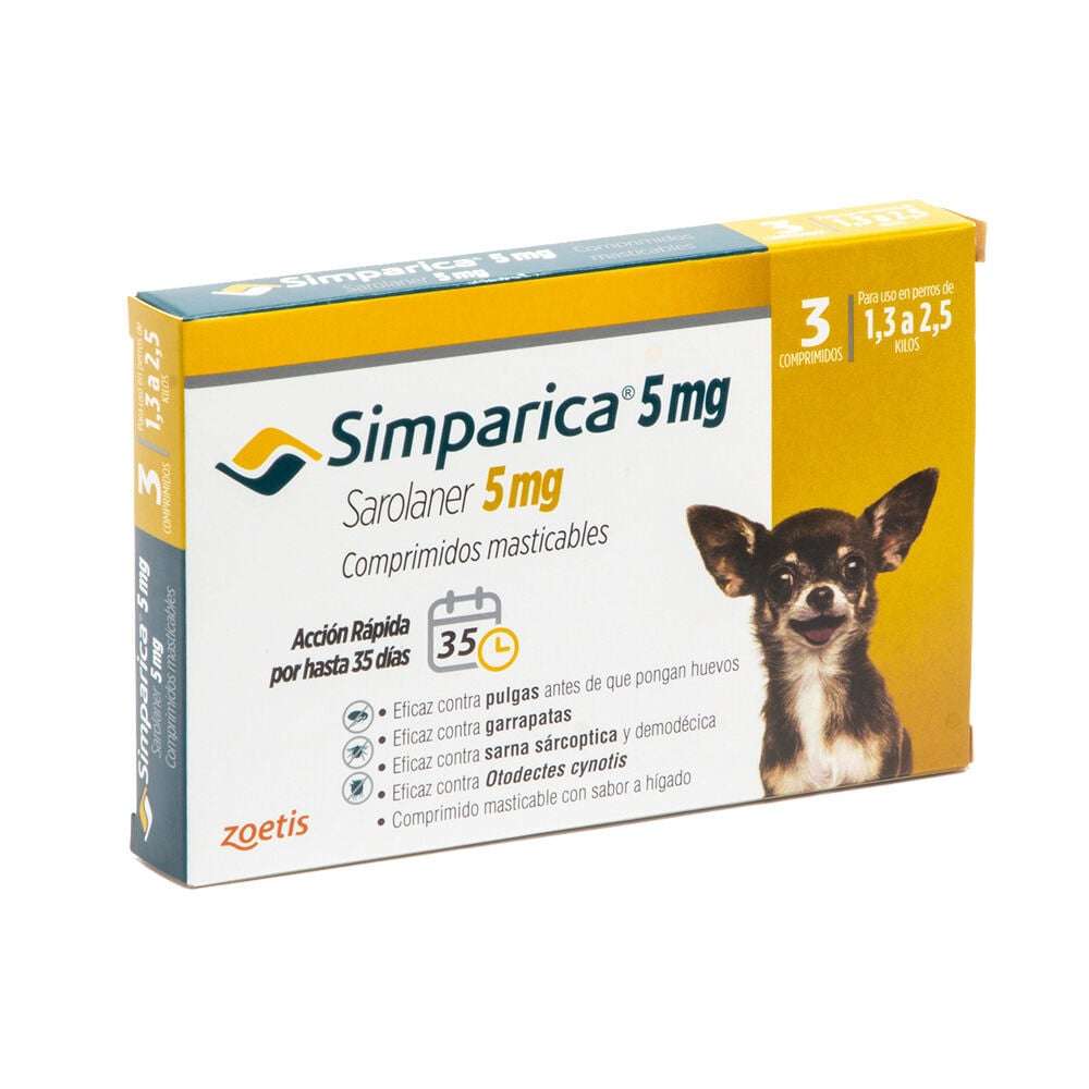Simparica 5 mg 3 Comprimidos. Antiparasitario perros mini 1.3-2.5 kg. Pulgas, garrapatas y sarna.