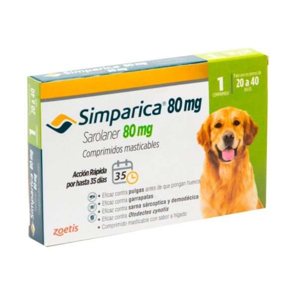 Simparica 80 mg. Antiparasitario perros grandes 20-40 kg. Sarolaner, pulgas, garrapatas y sarna.