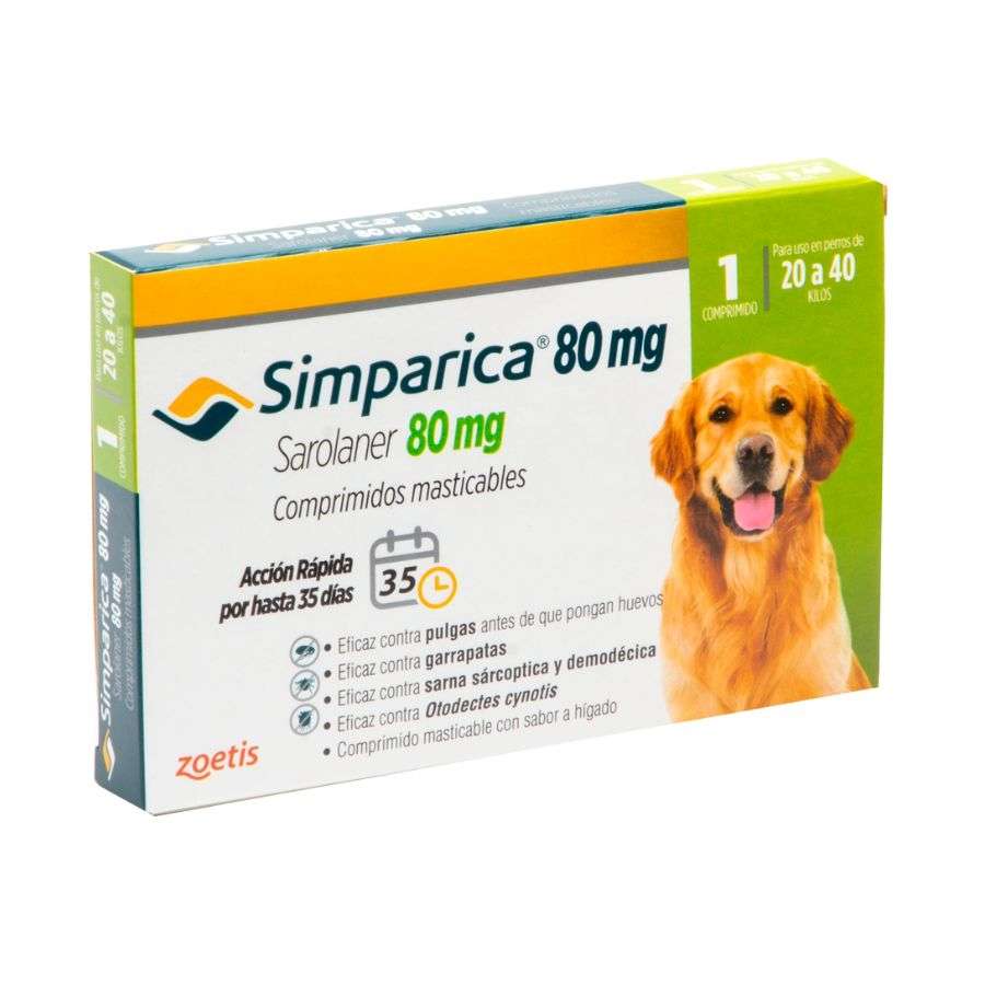Simparica 80 mg. Antiparasitario perros grandes 20-40 kg. Sarolaner, pulgas, garrapatas y sarna.