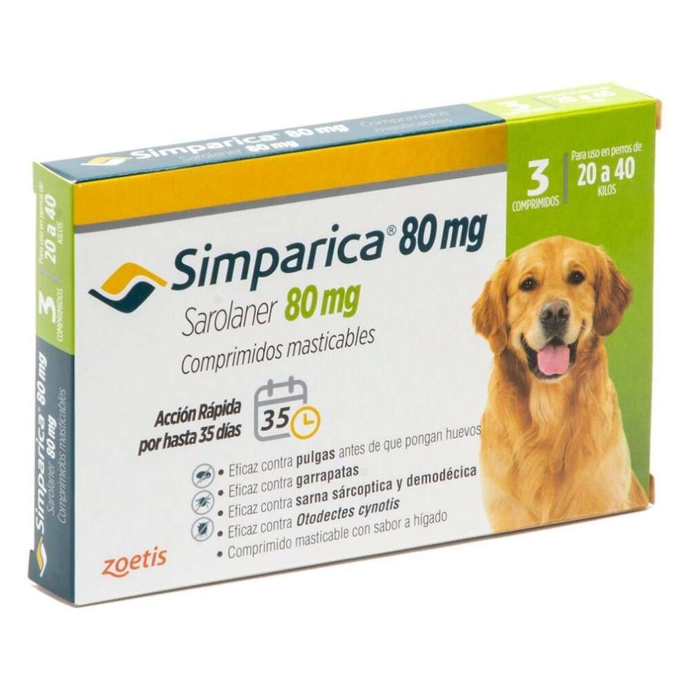 Simparica 80 mg. Antiparasitario perros 20-40 kg. Sarolaner contra pulgas, garrapatas y sarna.