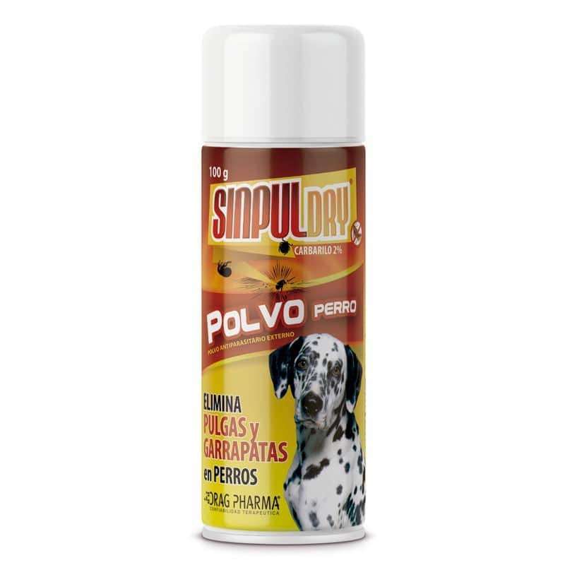 Sinpul Dry Polvo Antiparasitario Externo Drag Pharma para perros. Elimina pulgas y garrapatas con Carbarilo al 2%.