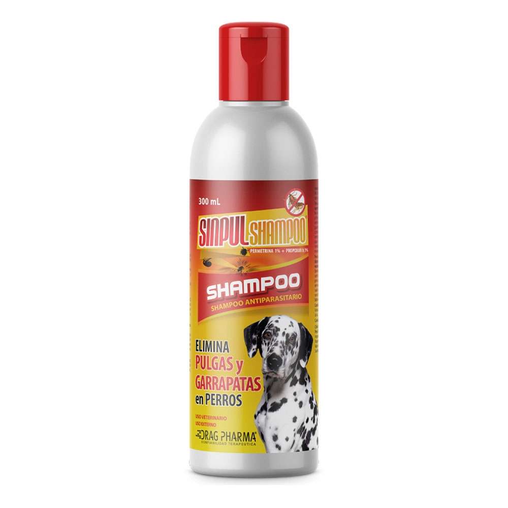 Sinpul Shampoo 300 mL. Champu antiparasitario con Permetrina y Propoxur. Elimina pulgas y garrapatas en perros.