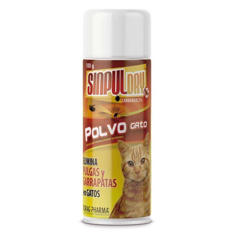 Sinpuldry Polvo Gato. Antiparasitario topico con Carbarilo 2 por ciento. Elimina pulgas, garrapatas, piojos y acaros en gatos.