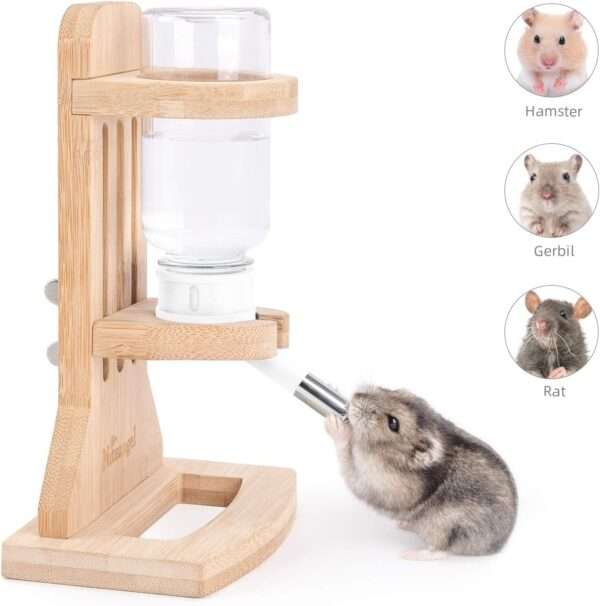 Soporte de Bambú Ajustable con Bebedero 120 ml para Hámster. Base segura y anti-mordidas ideal para Terrarios de Vidrio y acuarios.