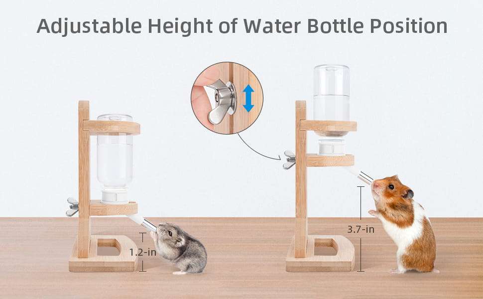Soporte de Bambú Ajustable con Bebedero 120 ml para Hámster. Base segura y anti-mordidas ideal para Terrarios de Vidrio y acuarios.