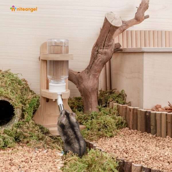Soporte de Bambú Ajustable con Bebedero 120 ml para Hámster. Base segura y anti-mordidas ideal para Terrarios de Vidrio y acuarios.