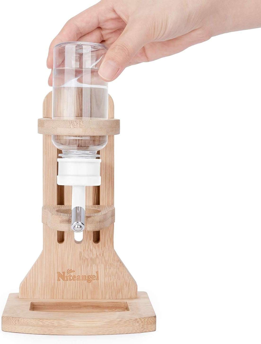 Soporte de Bambú Ajustable con Bebedero 120 ml para Hámster. Base segura y anti-mordidas ideal para Terrarios de Vidrio y acuarios.