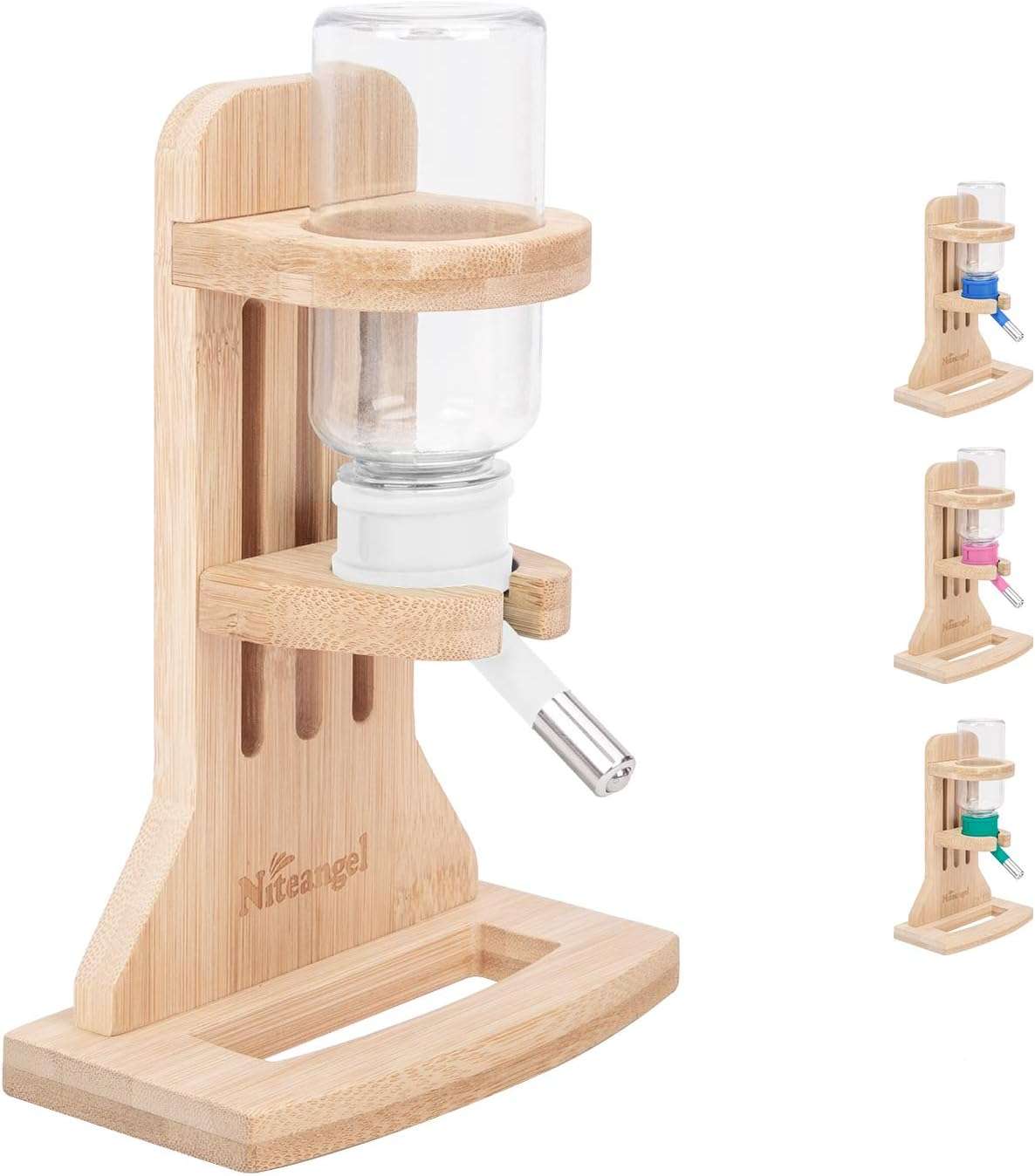 Soporte de Bambú Ajustable con Bebedero 120 ml para Hámster. Base segura y anti-mordidas ideal para Terrarios de Vidrio y acuarios.