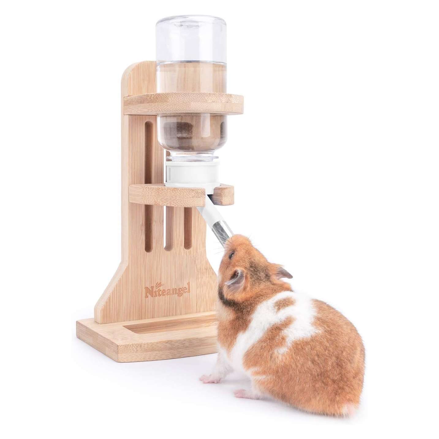 Soporte de Bambú Ajustable con Bebedero 120 ml para Hámster. Base segura y anti-mordidas ideal para Terrarios de Vidrio y acuarios.