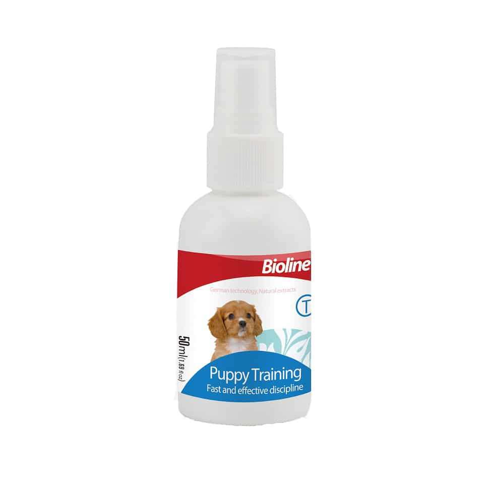 Spray de Entrenamiento Bioline Puppy Training 50 mL. Educador sanitario para cachorros. Atrae con aroma para que orinen en el lugar correcto.
