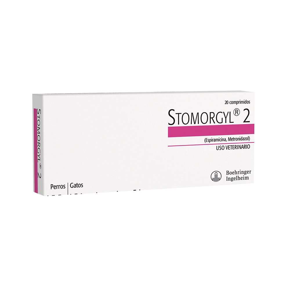Stomorgyl 2. Antibiótico veterinario con Espiramicina y Metronidazol. Trata infecciones bucodentales, faríngeas y diarreas en perros y gatos.