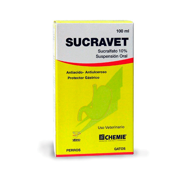 Sucravet Suspensión Oral 10% (Sucralfato). Protector gástrico y antiulceroso para gastritis en perros y gatos.