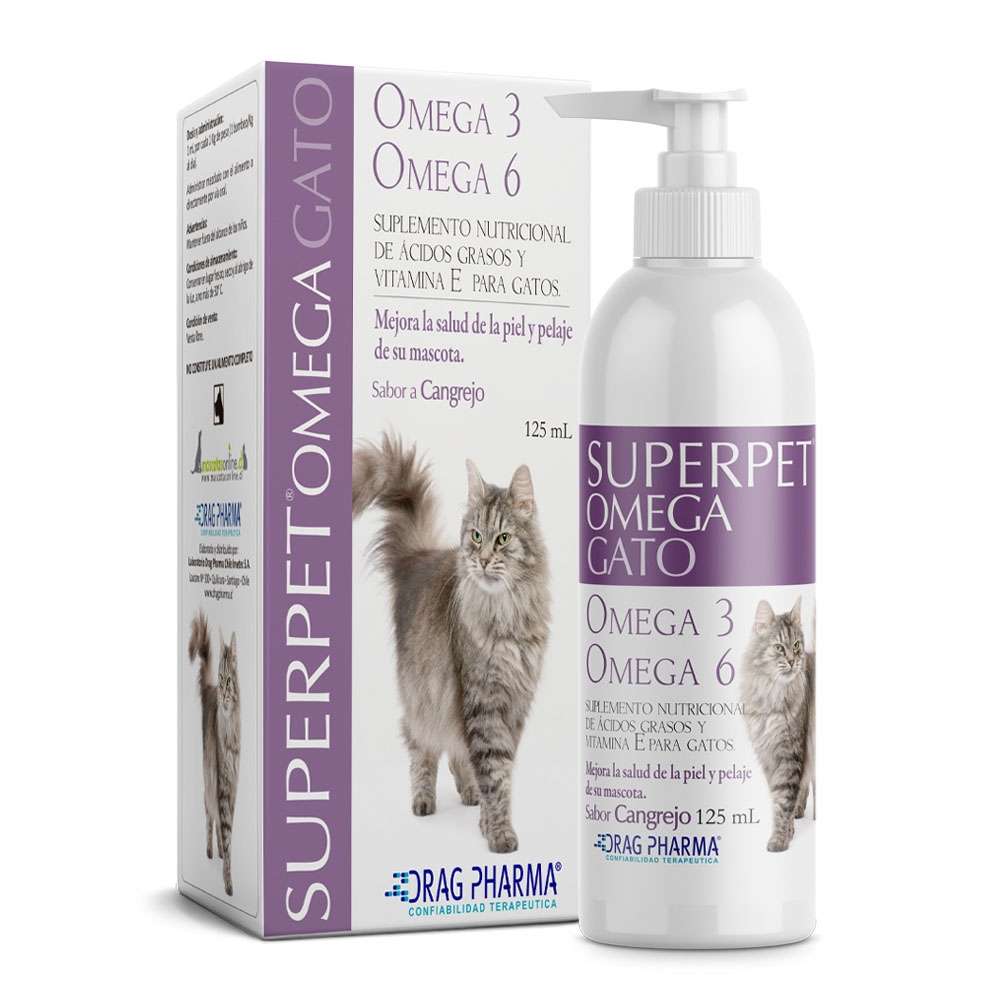 Superpet Omega Gato Suplemento Liquido. Omega 3 y 6 con Vitamina E. Mejora piel, pelaje, sistema nervioso y corazon en gatos.