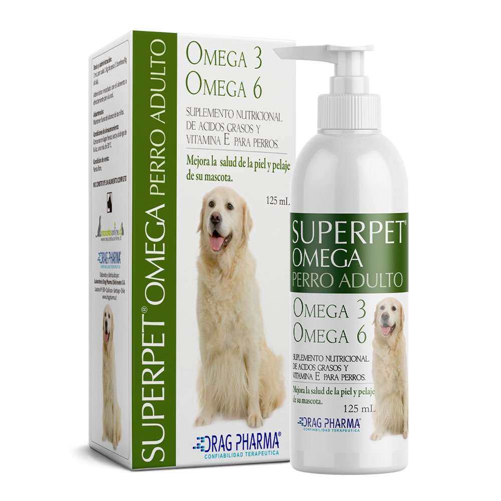 Superpet Omega Perro Adulto 125 mL. Suplemento de Aceites de Salmon, Borraja y Vitamina E. Mejora piel, pelaje, sistema nervioso y corazon.