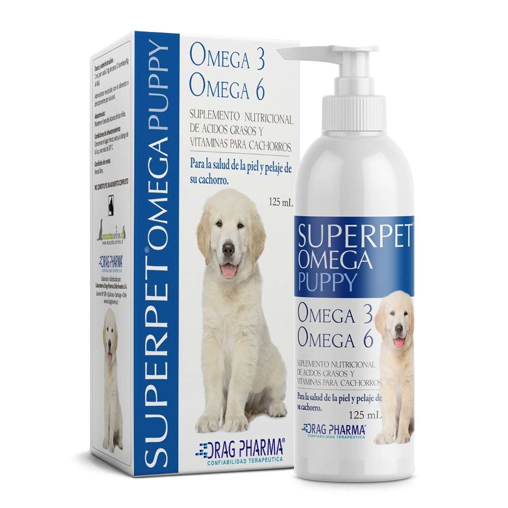 Superpet Omega Puppy suplemento liquido. Aporte balanceado de Omega 3 y 6. Mejora piel, pelaje y apoya el desarrollo en cachorros.