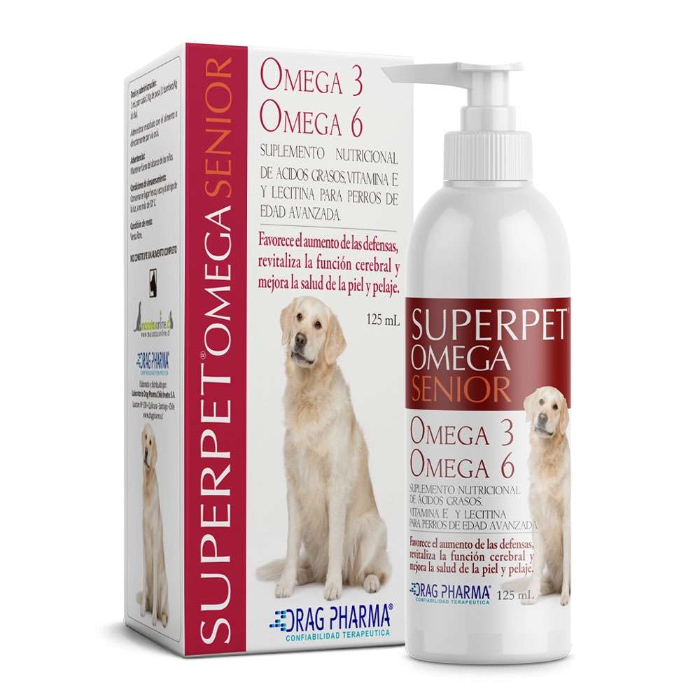 Superpet Omega Senior suplemento líquido 125 ml para perros mayores. Contiene Omega 3 y 6, Vitamina E y Lecitina. Mejora el cerebro, piel y defensas.
