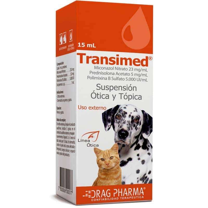 Transimed Solucion Otica y Topica. Ceruminolitico y antiseptico para limpieza de oido externo y tratamiento de dermatitis en perros.
