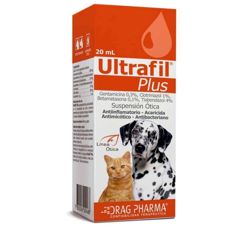 Ultrafil Plus Suspension Otica. Tratamiento triple accion contra otitis por bacterias, hongos y acaros en perros y gatos.