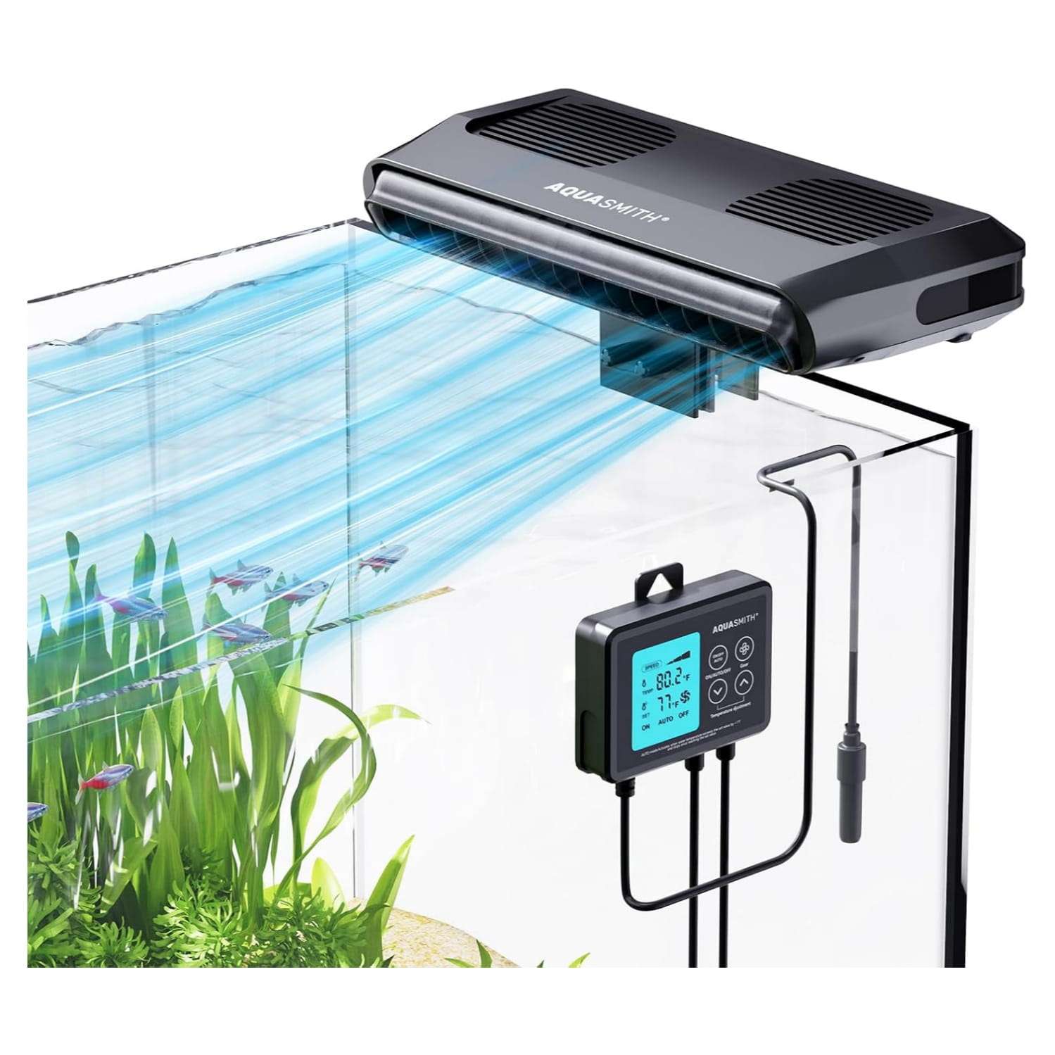 Ventilador enfriador de acuario con motor sin escobillas y ventiladores duales. Incluye controlador LED con doble pantalla de temperatura para control inteligente (59°F-93°F).
