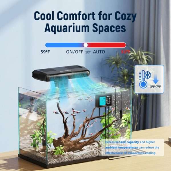 Ventilador enfriador de acuario con motor sin escobillas y ventiladores duales. Incluye controlador LED con doble pantalla de temperatura para control inteligente (59°F-93°F).